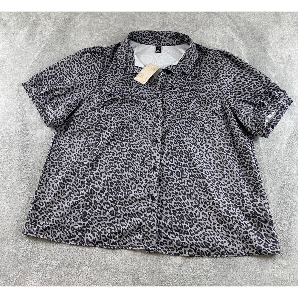 Emery Rose Womens 4XL Grey Leopard‎ Print Button Down Short Puff Slv Blouse NEW
